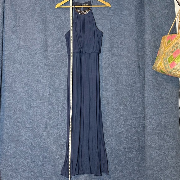 Lily Rose Navy Blue evening/Maxi Dress, Halter top w/ Gold accent. Size Small - Picture 3 of 6